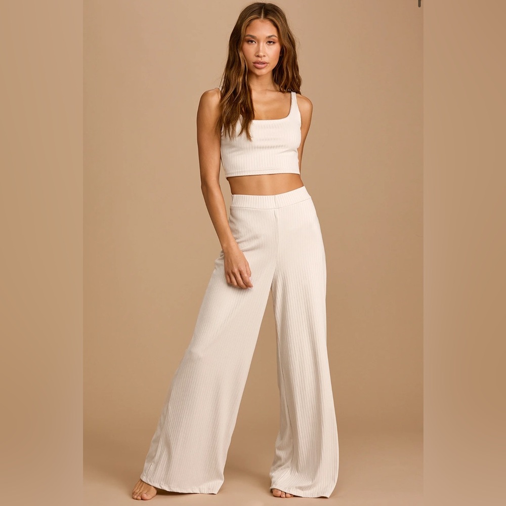 Lulus Let's Unwind Cream Ribbed Wide-Leg Pants and Top Set!